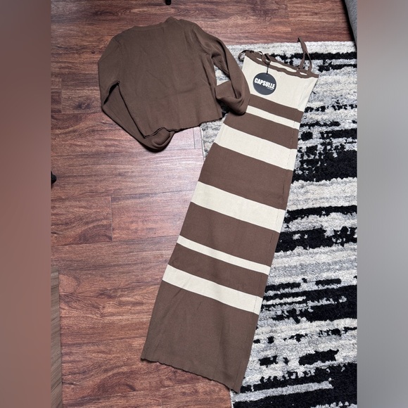 Elegant Brown and Cream Midi Dress - Picture 3 of 5